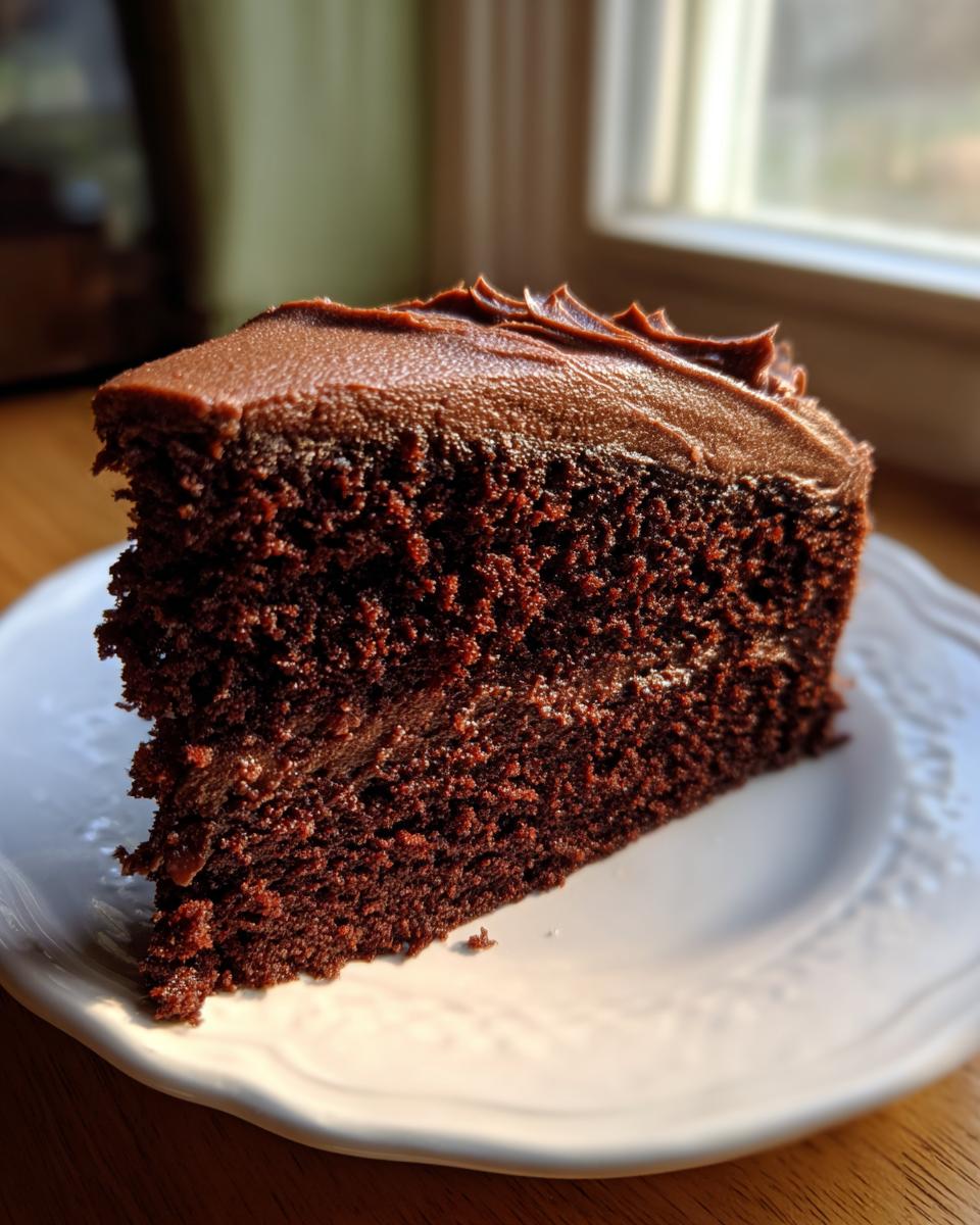 A perfect slice of moist chocolate cake with thick, dark chocolate frosting, sitting on a white plate.
