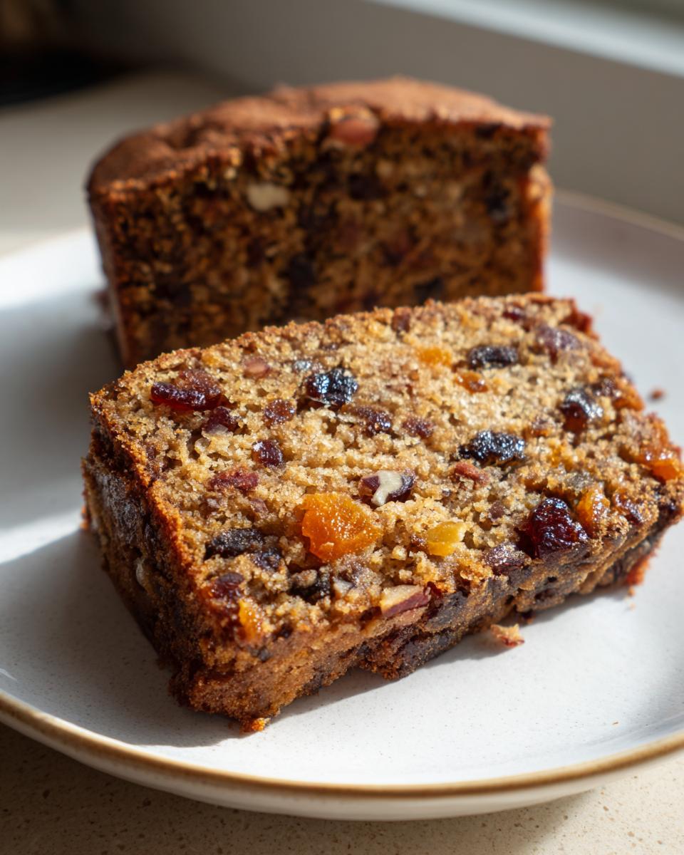 Close-up of a moist slice of fruit cake packed with dried fruits and nuts, with the rest of the loaf blurred in the background.