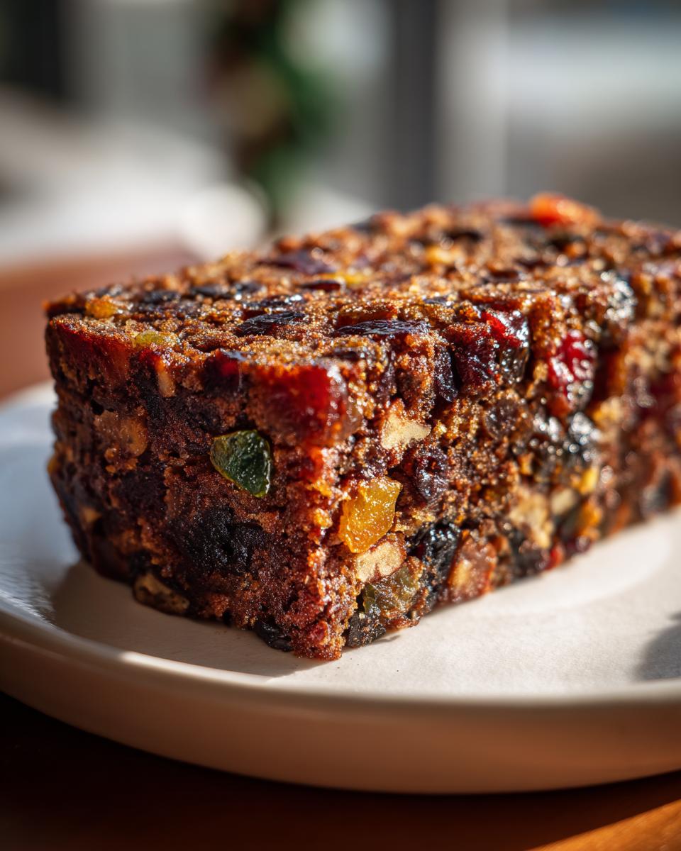 Close-up of a rich, dark slice of fruit cake loaded with candied fruits and nuts.