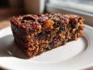 Close-up of a moist slice of fruit cake, rich with dark dried fruits and topped with a pecan half.
