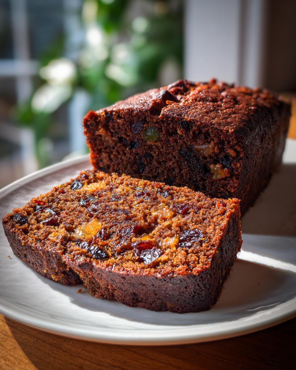 Close-up of a dark, moist fruit cake loaf with one slice cut, showing candied fruits and raisins inside.