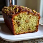 Close-up of a slice of moist pistachio coffee cake showing the green crumb, nuts, and brown streusel topping.