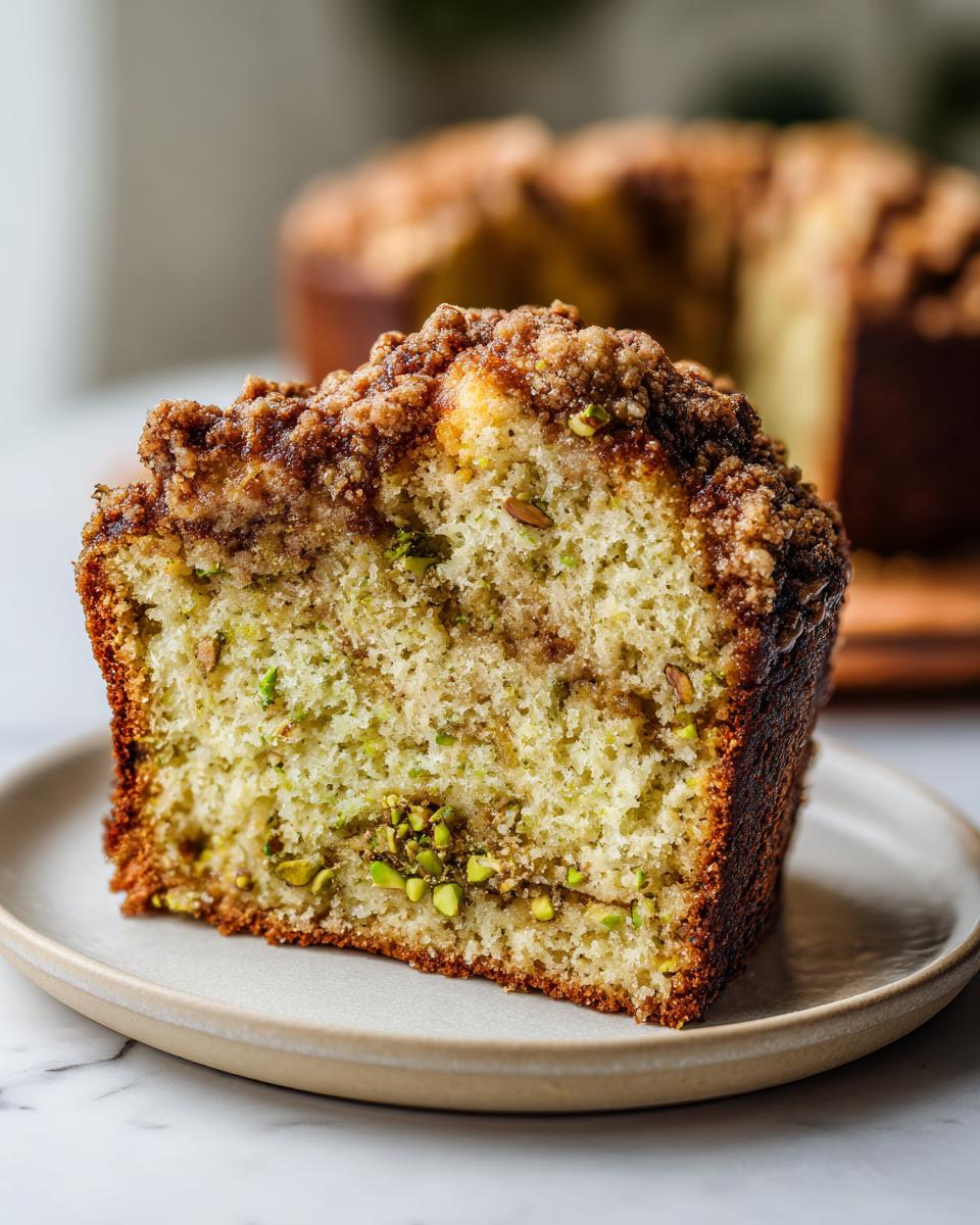 Close-up of a moist slice of pistachio coffee cake showing green pistachio pieces and a thick brown streusel topping.