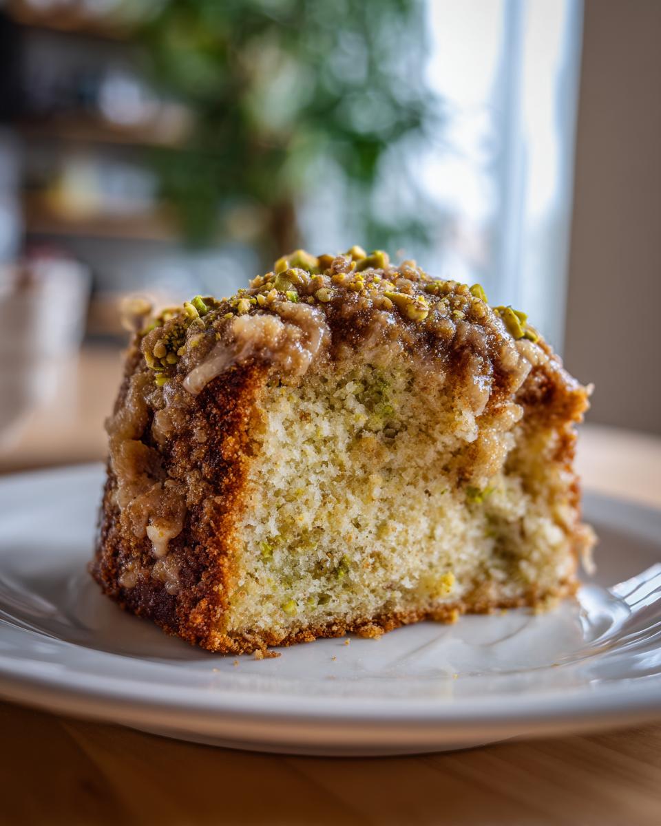 Close-up of a moist slice of pistachio coffee cake topped with brown sugar glaze and chopped pistachios.