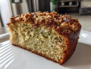 Close-up of a moist slice of pistachio coffee cake showing green flecks and a crunchy, browned nut topping.