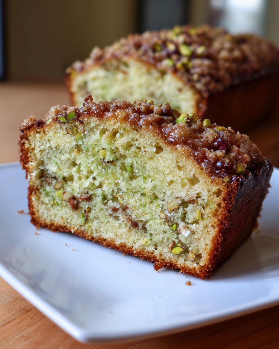 A close-up slice of moist pistachio coffee cake showing green tint, nuts, and a brown sugary streusel topping.