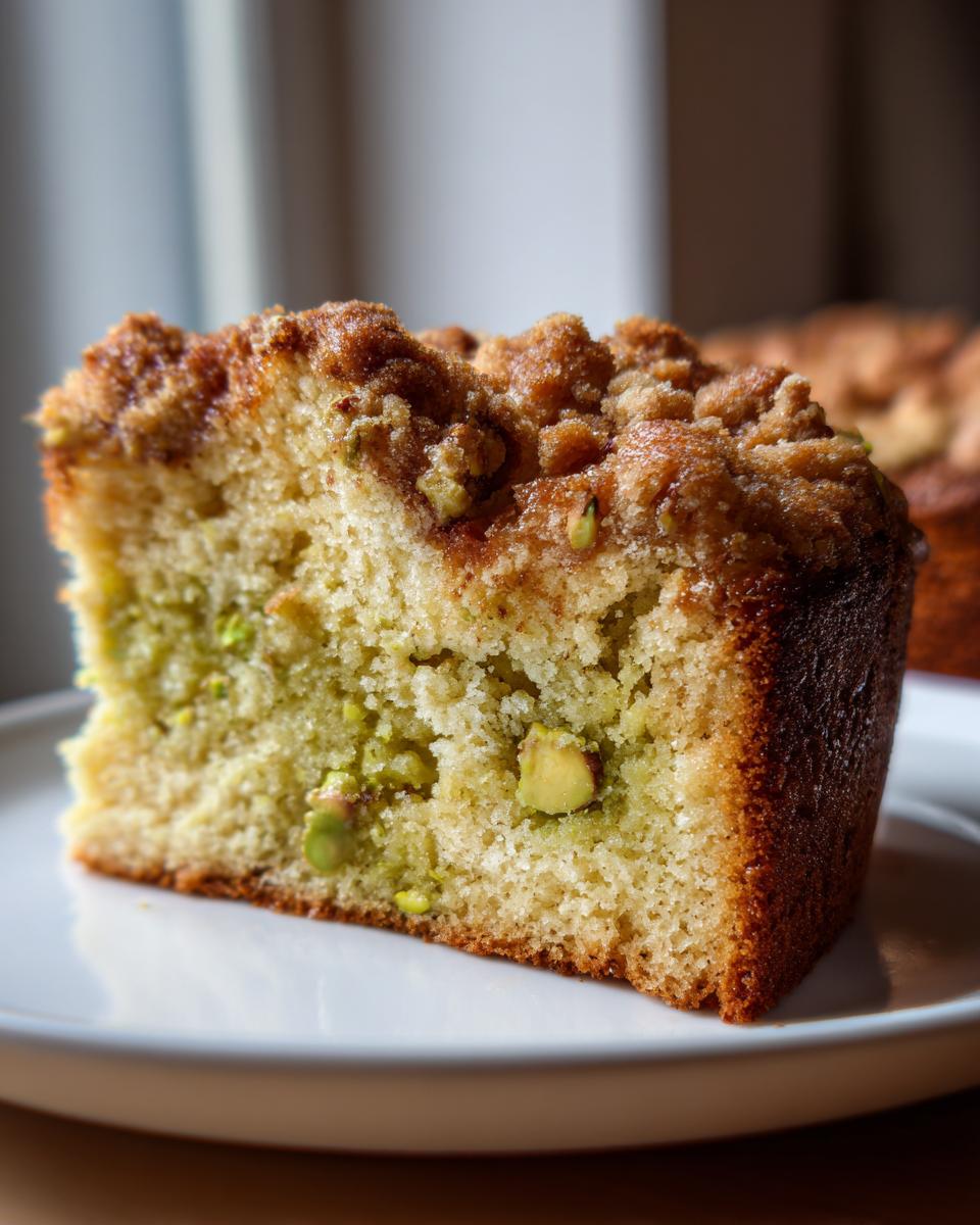 Close-up of a moist slice of pistachio coffee cake showing green pistachio pieces and a brown crumb topping.