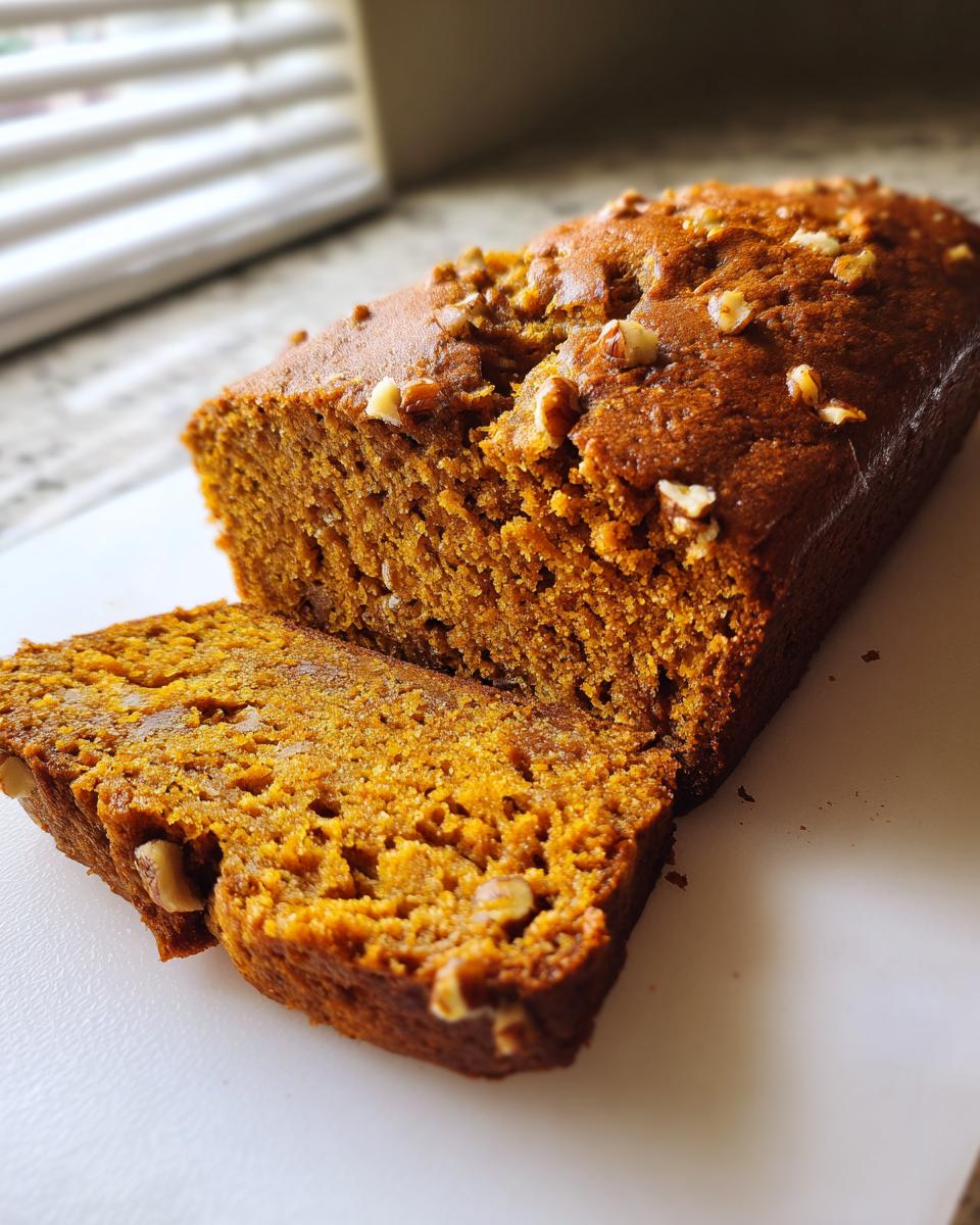 A close-up of a moist pumpkin bread loaf, partially sliced, topped with chopped walnuts.