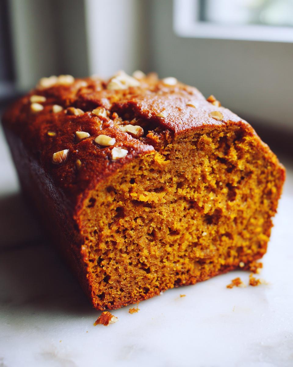 A close-up of a moist, dark orange pumpkin bread loaf topped with chopped walnuts, resting on a white marble surface.