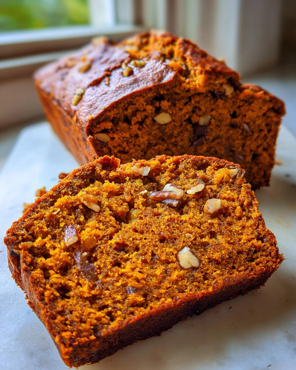 Close-up of a moist slice of homemade pumpkin bread showing the rich orange crumb and visible chopped walnuts.