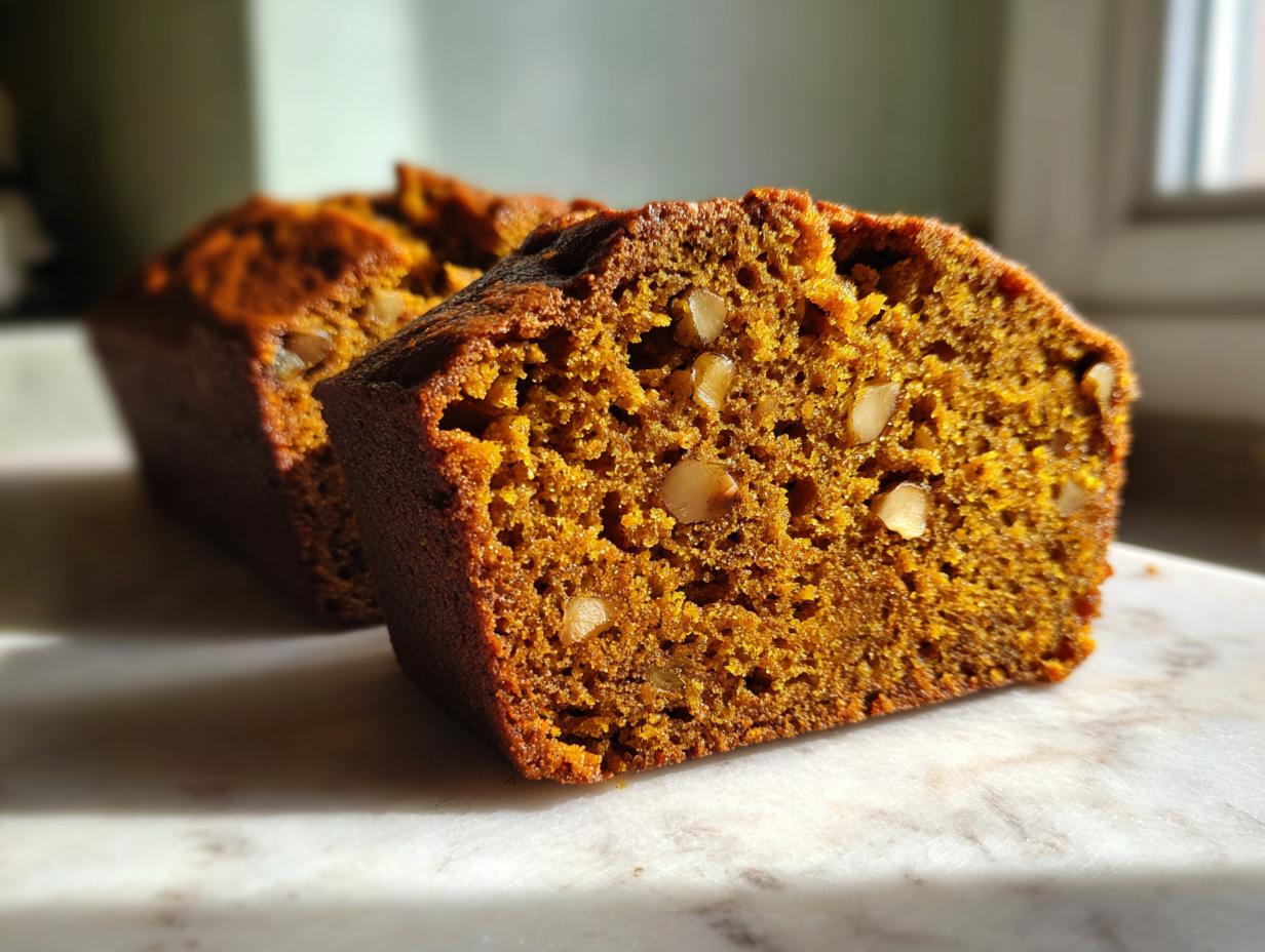 Close-up of a moist slice of rich orange pumpkin bread showing walnuts embedded in the crumb.