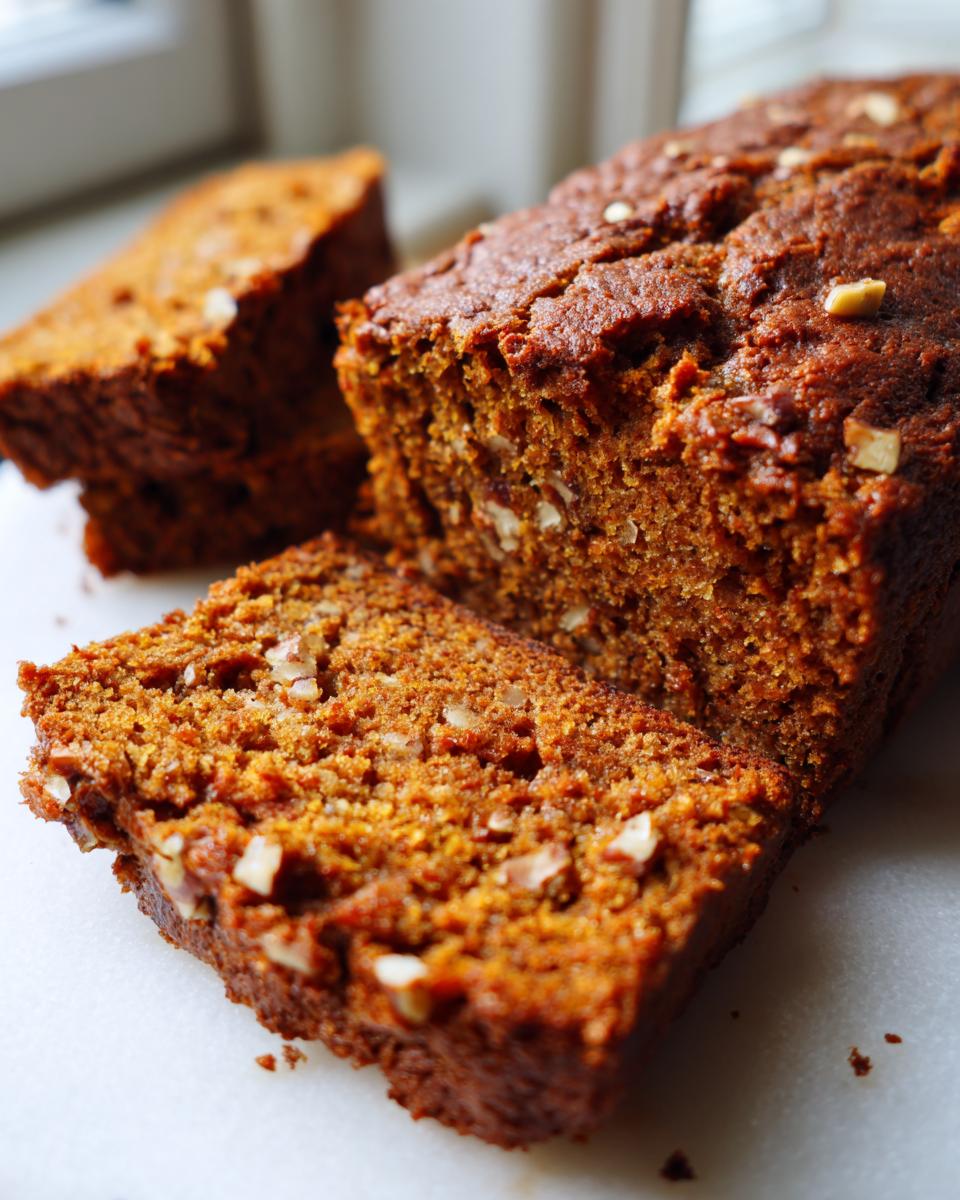 Close-up of moist, dark orange pumpkin bread loaf sliced, showing visible chopped nuts throughout the crumb.