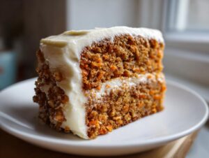 Close-up of a thick slice of moist carrot cake recipe layered with cream cheese frosting.