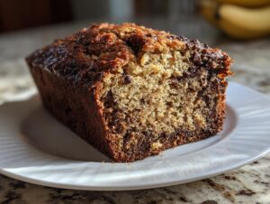 A close-up of a slice of rich, moist vegan banana bread with visible chocolate chips, sitting on a white plate.