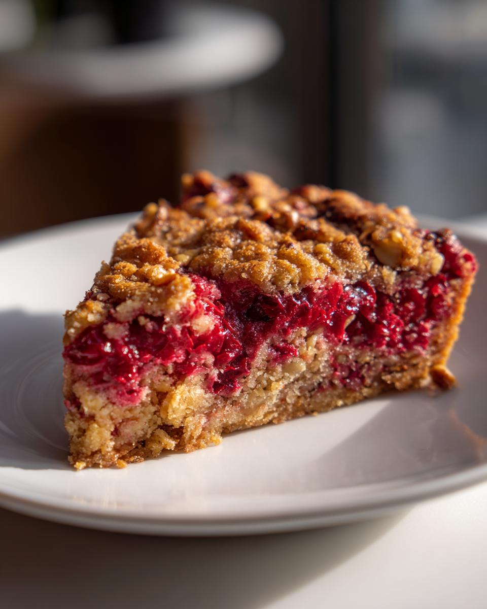 A close-up slice of Nantucket cranberry pie featuring bright red filling and a golden brown crumb topping on a white plate.