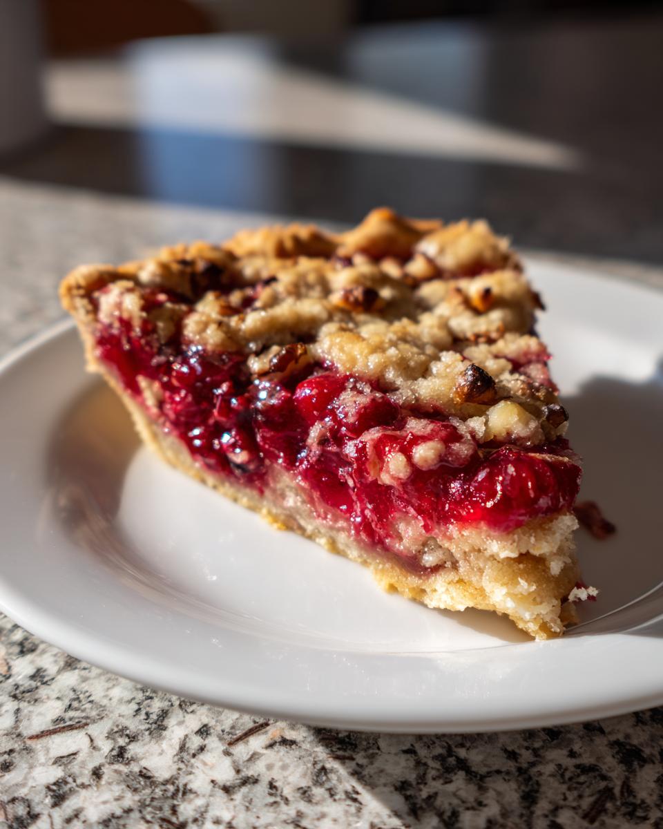 A close-up slice of Nantucket cranberry pie featuring a bright red filling and a golden crumb topping, served on a white plate.