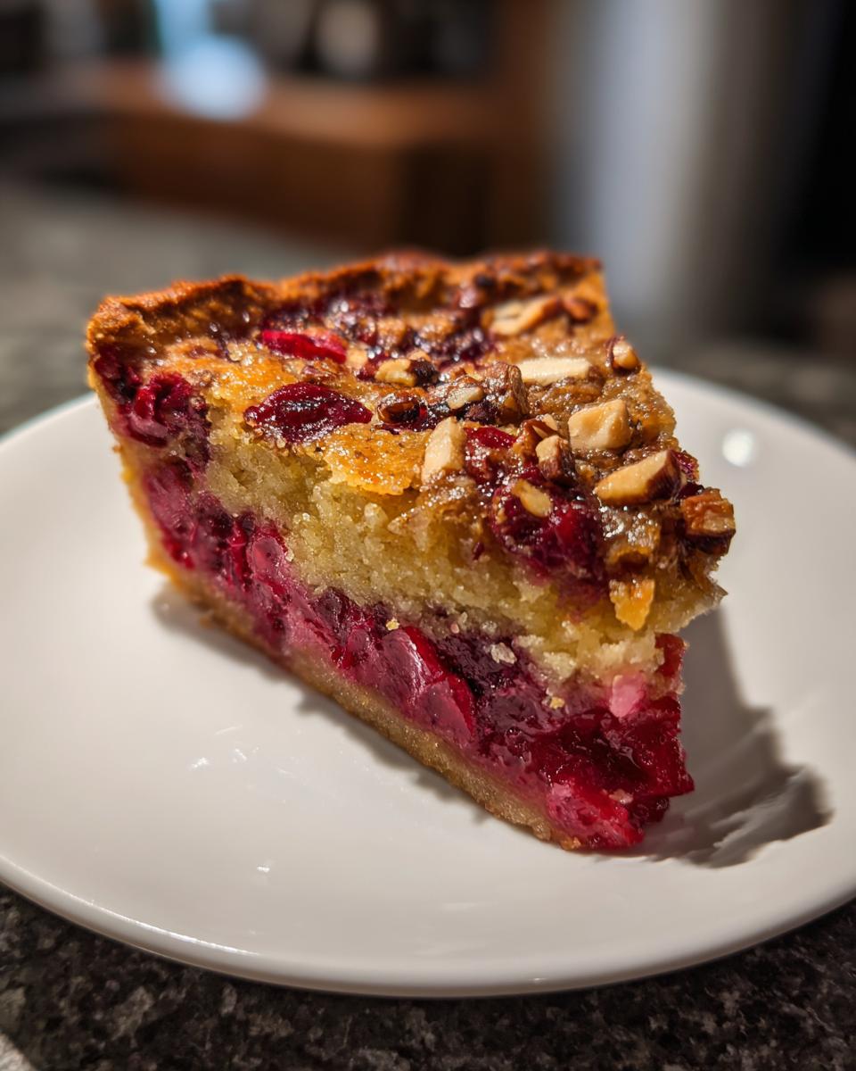 A close-up slice of Nantucket cranberry pie showing a rich, red cranberry layer and a nutty, golden topping.