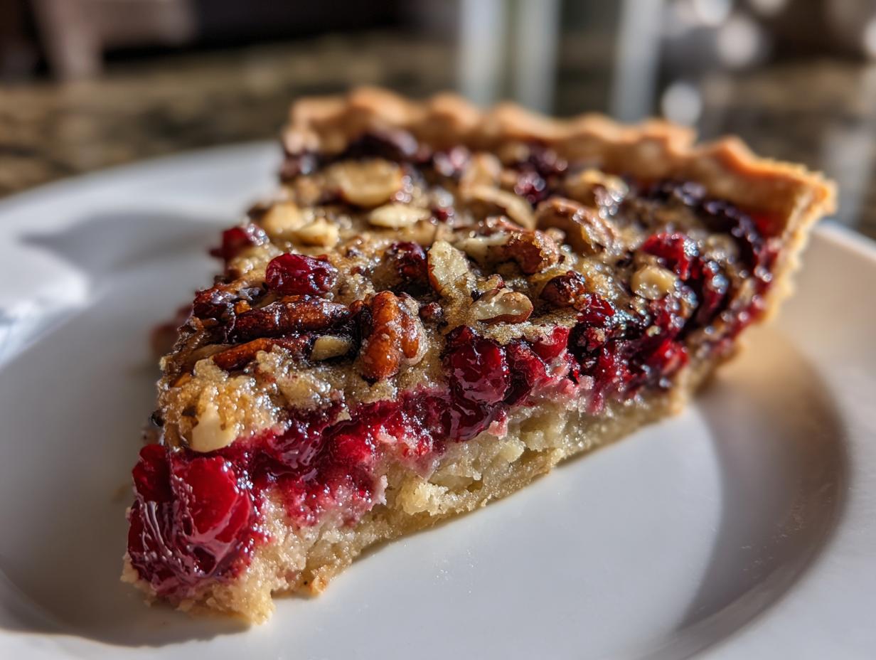Close-up of a slice of rich Nantucket cranberry pie featuring bright red cranberries and a pecan topping on a white plate.