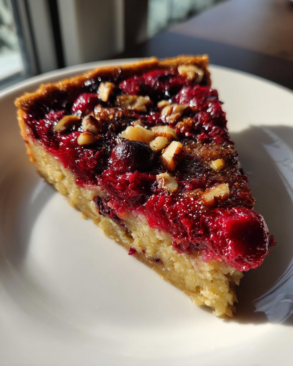 A close-up slice of Nantucket cranberry pie showing a bright red cranberry topping and a thick, cake-like base, sprinkled with walnuts.
