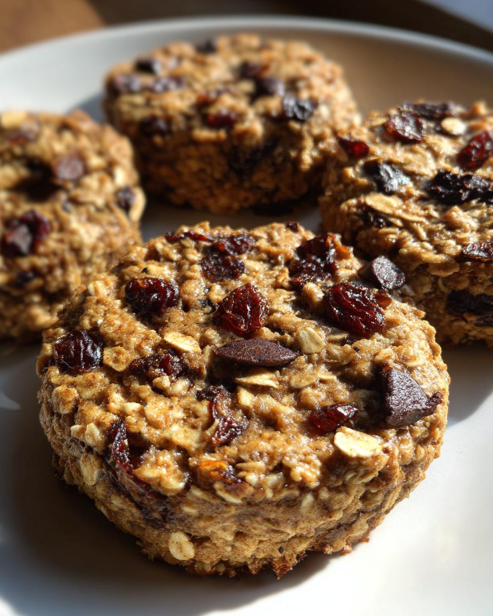 Close-up of four hearty oatmeal breakfast cookie rounds topped with dried cranberries and chocolate chips on a white plate.
