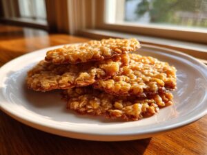 A stack of four thin, golden brown oatmeal lace cookies resting on a white plate near a sunlit window.