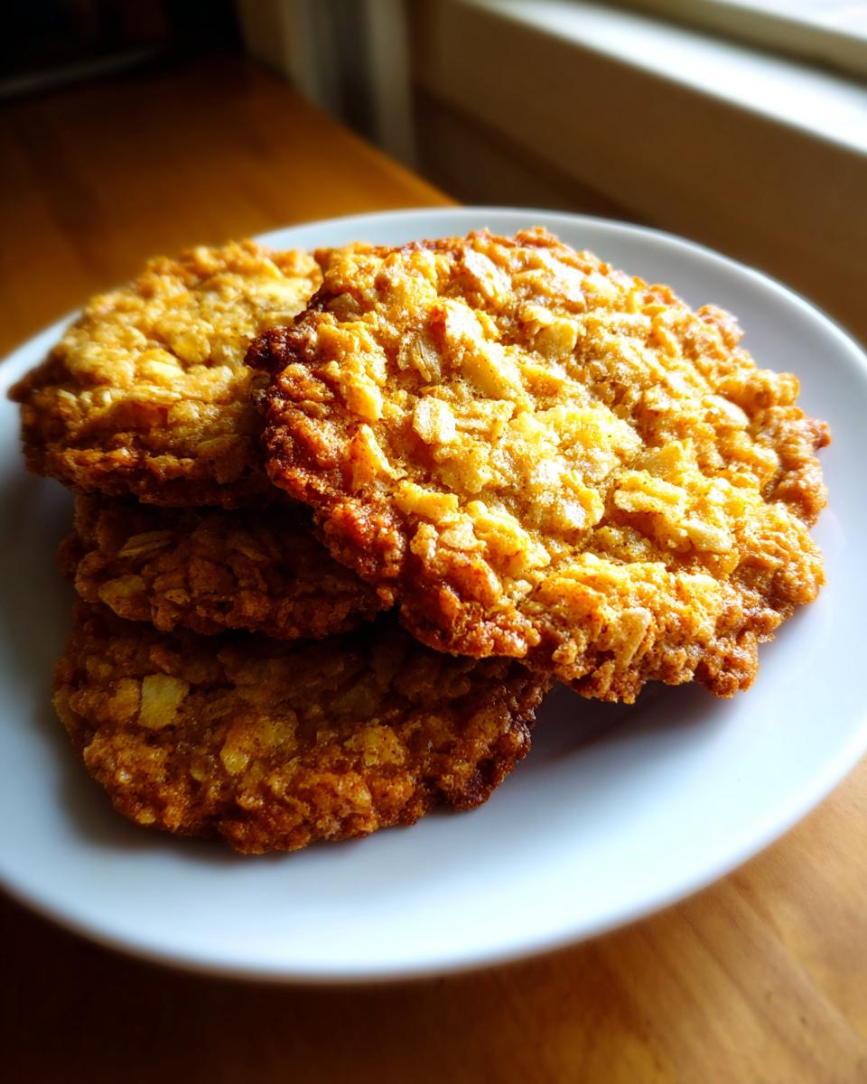 A stack of three golden brown, crispy oatmeal lace cookies resting on a white plate near a window.