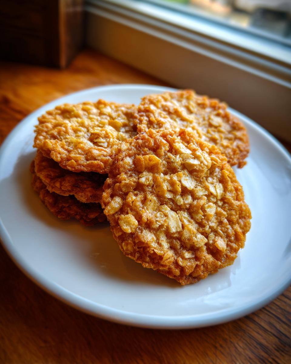 A stack of crispy, golden oatmeal lace cookies resting on a small white plate near a window.