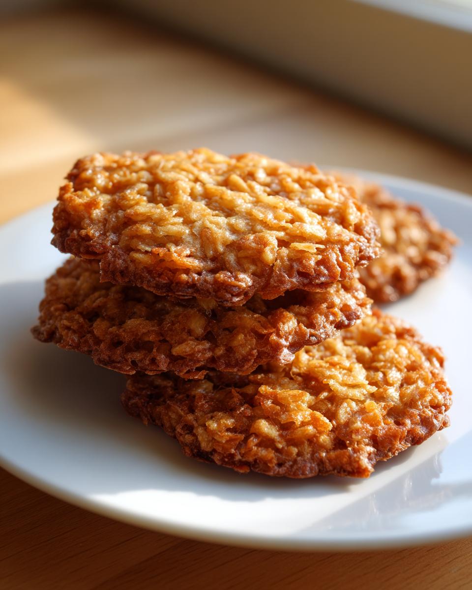 A stack of three golden brown, crispy oatmeal lace cookies resting on a white plate, illuminated by natural light.