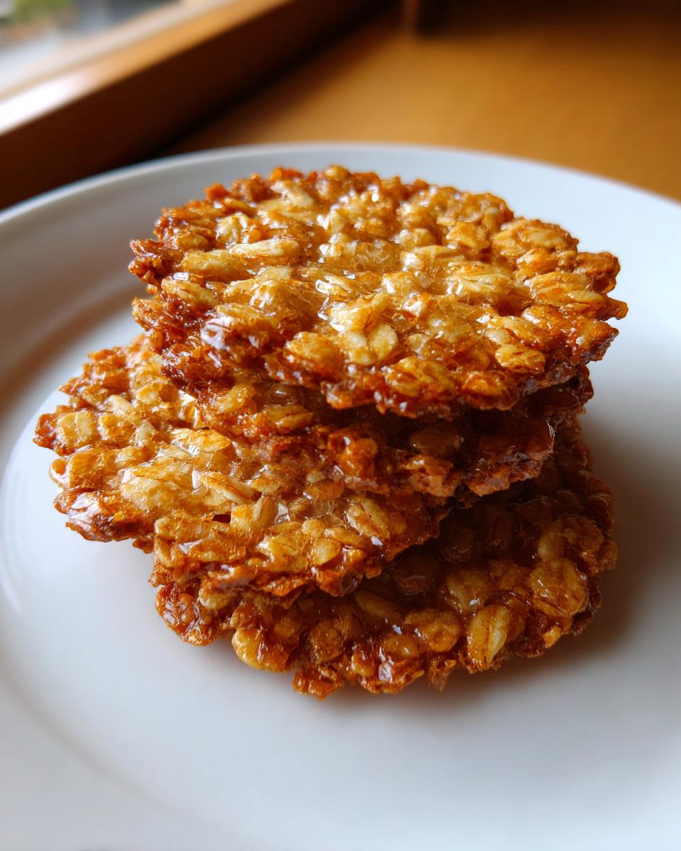 Close-up of a stack of three shiny, caramelized oatmeal lace cookies resting on a white plate.