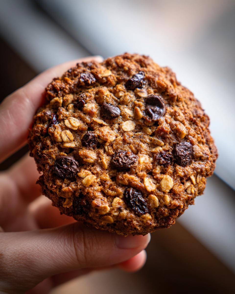 A hand holding a textured, golden-brown oatmeal raisin breakfast cookie filled with oats, chocolate chips, and raisins.