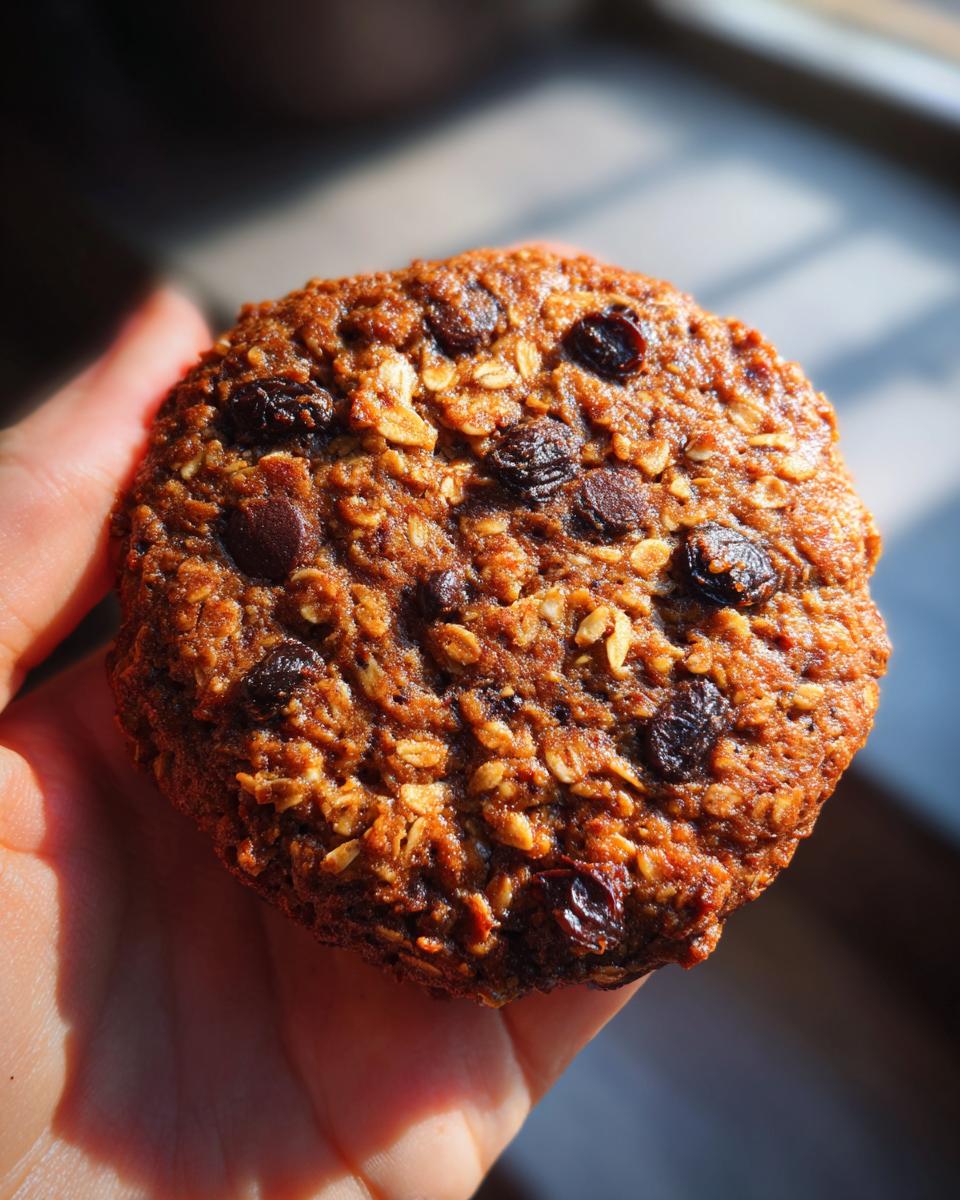 A hand holding a freshly baked, hearty oatmeal raisin breakfast cookie, rich brown in color.