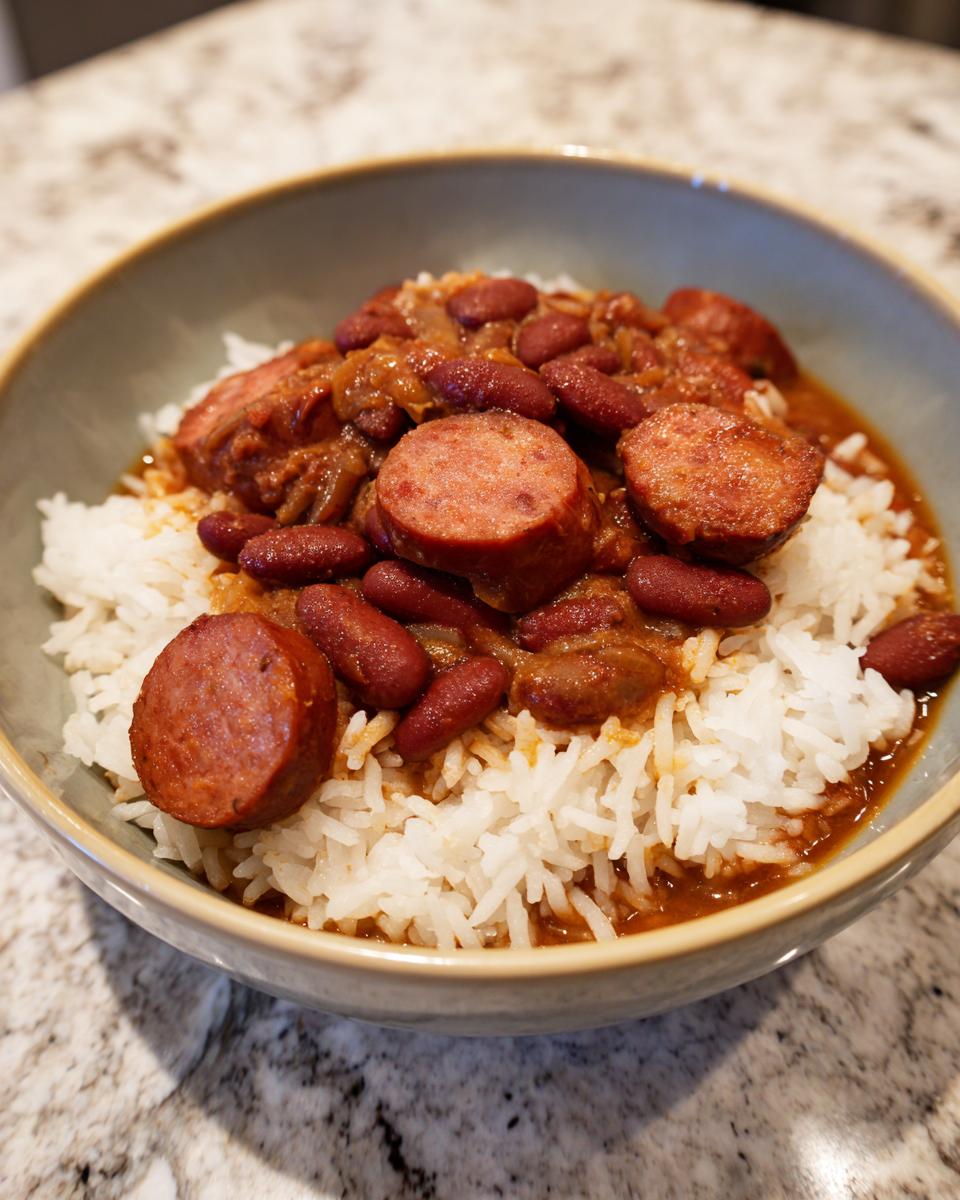 Close-up of a bowl filled with white rice topped with red kidney beans and sliced smoked sausage, representing delicious beans and rice.