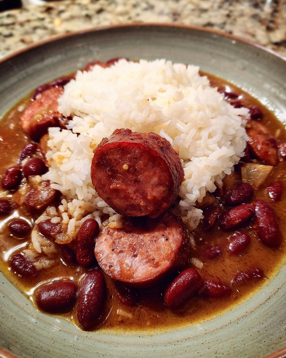 Close-up of a bowl of flavorful beans and rice topped with thick slices of smoked sausage.