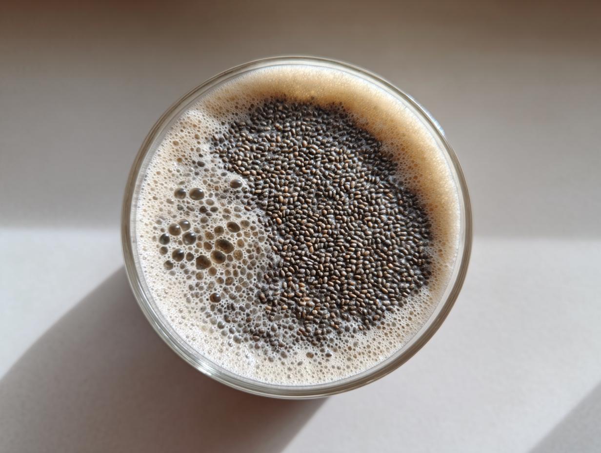 Overhead view of a glass containing high-protein chia seed pudding topped with a layer of dark chia seeds and light foam.