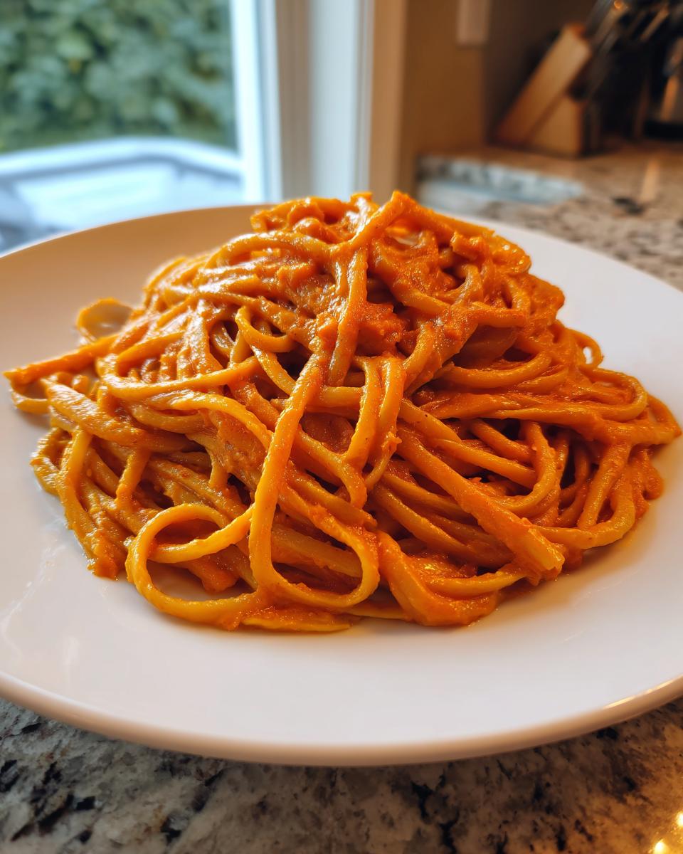 A close-up of linguine pasta generously coated in a creamy, orange butternut squash pasta sauce, served on a white plate.