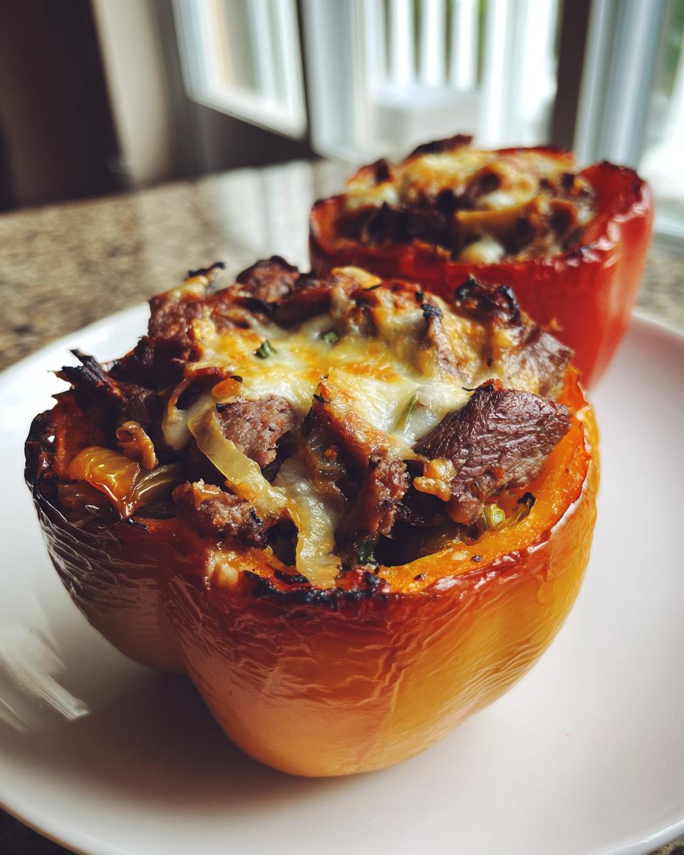 Two baked philly cheesesteak stuffed peppers, topped with melted cheese, sitting on a white plate.
