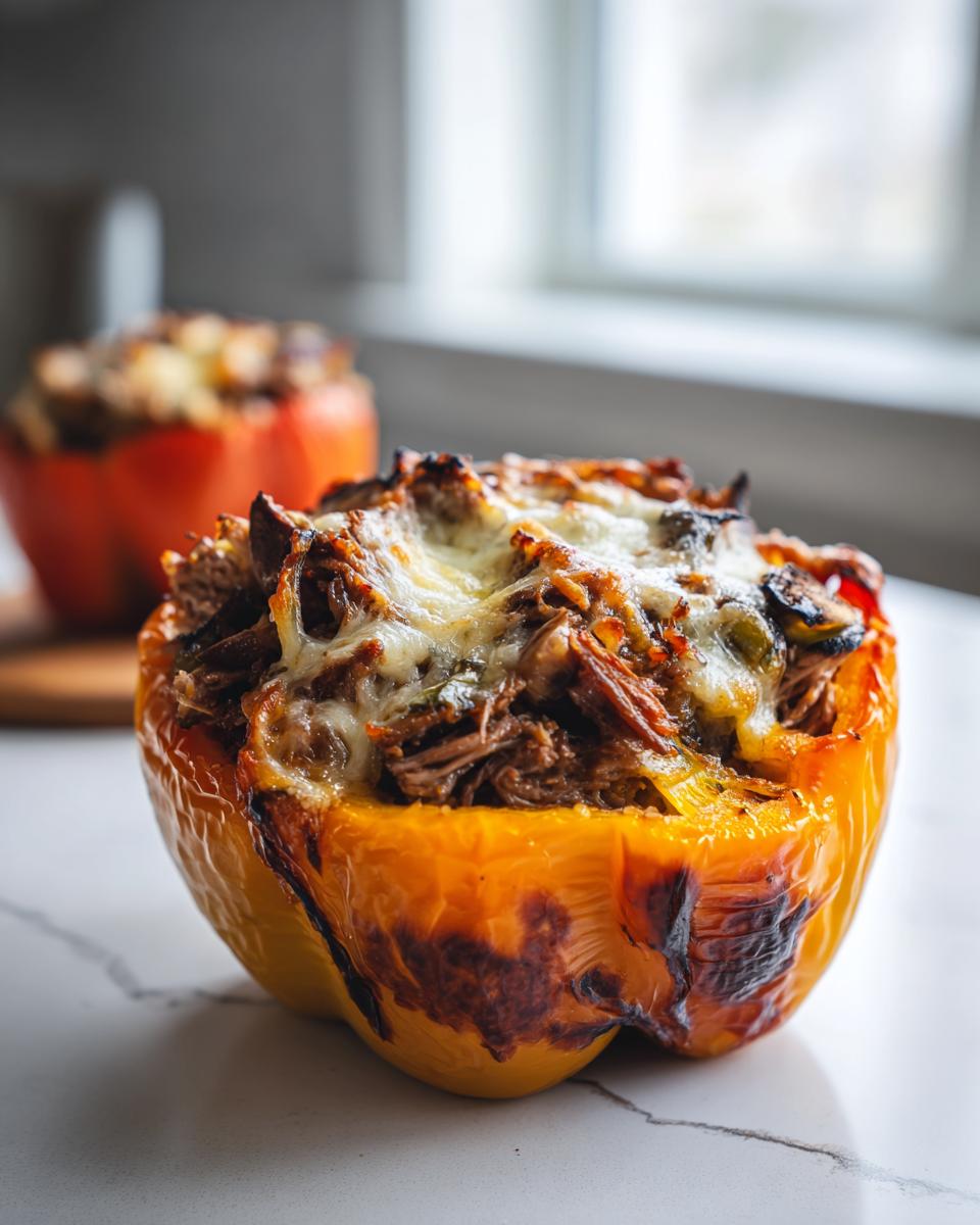Close-up of a roasted yellow bell pepper filled with shredded beef and melted cheese, a perfect philly cheesesteak stuffed peppers serving.