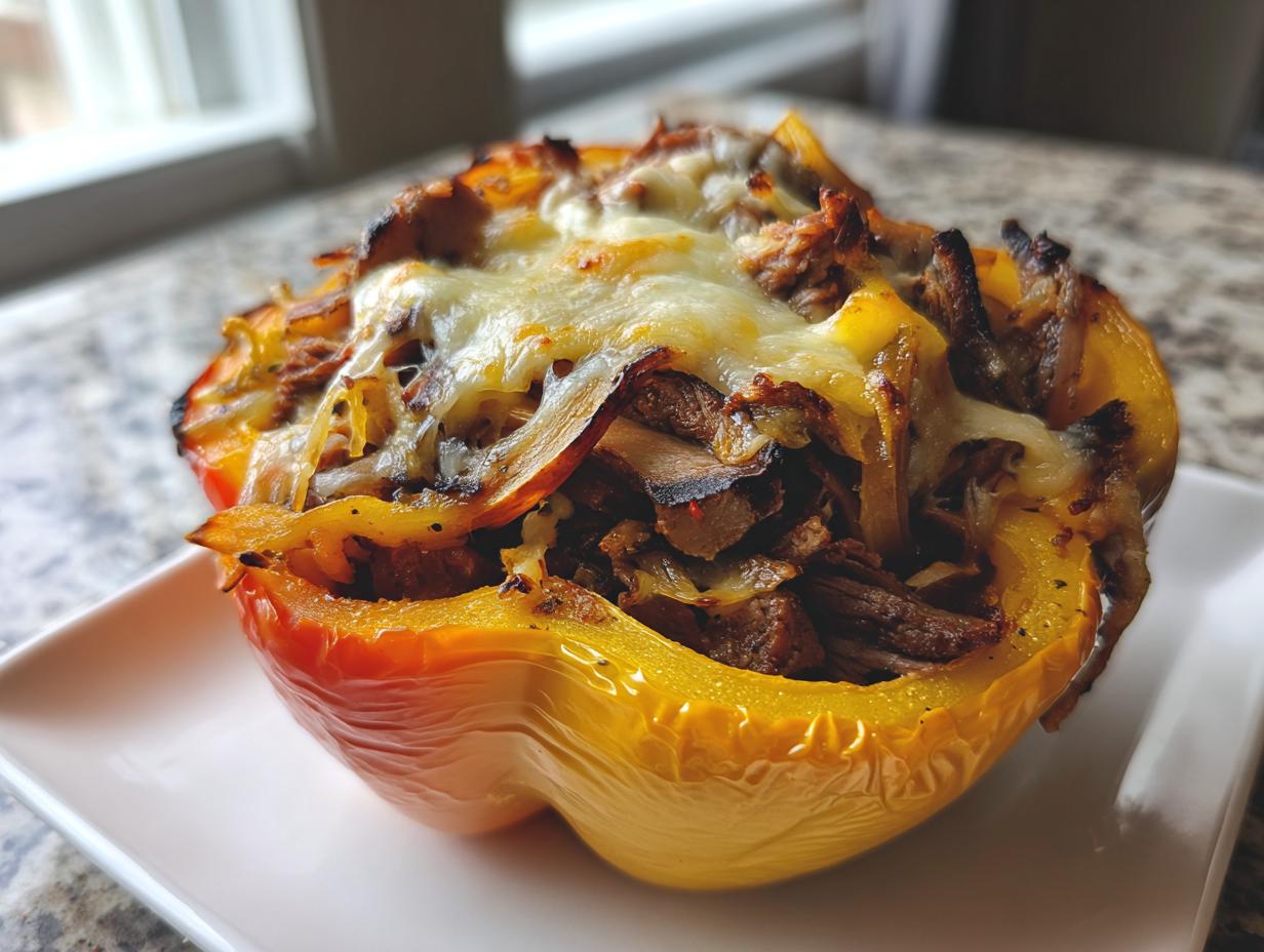 A close-up of a baked philly cheesesteak stuffed peppers half, topped generously with melted white cheese.