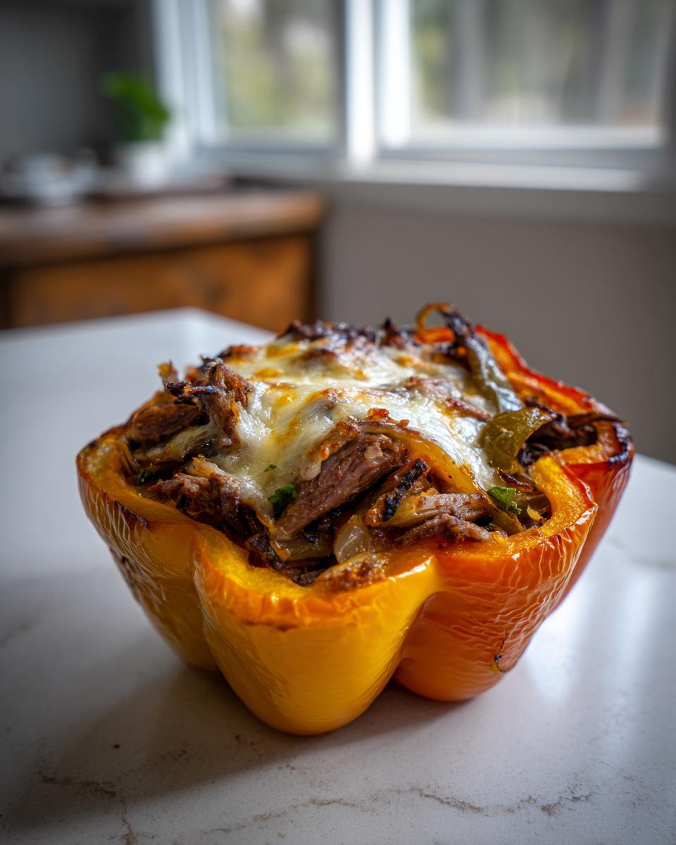 A close-up of a baked orange bell pepper filled with steak, onions, and topped with melted cheese, resembling philly cheesesteak stuffed peppers.