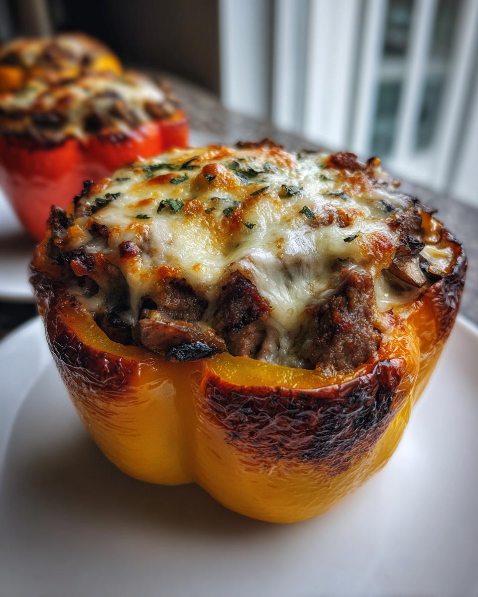 Close-up of a baked yellow philly cheesesteak stuffed pepper topped with melted provolone cheese and parsley.