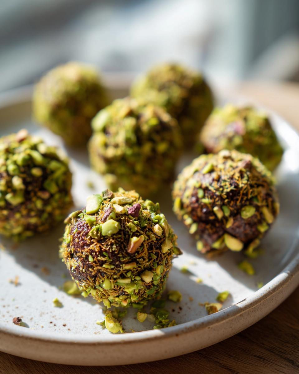 Close-up of several rich Dubai chocolate balls rolled in chopped green pistachios, resting on a light ceramic plate.