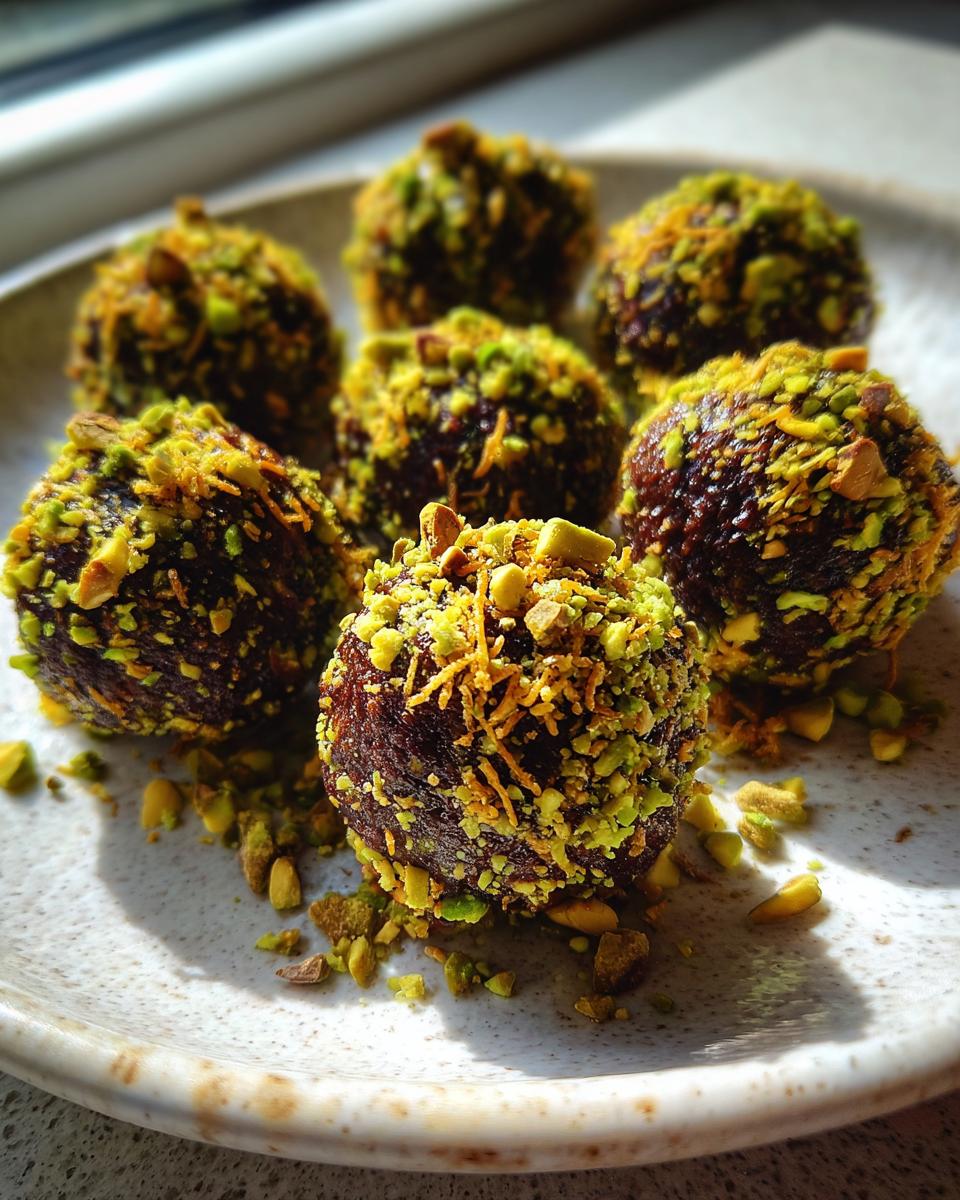 Close-up of several rich, dark Dubai chocolate balls generously coated in bright green crushed pistachios.