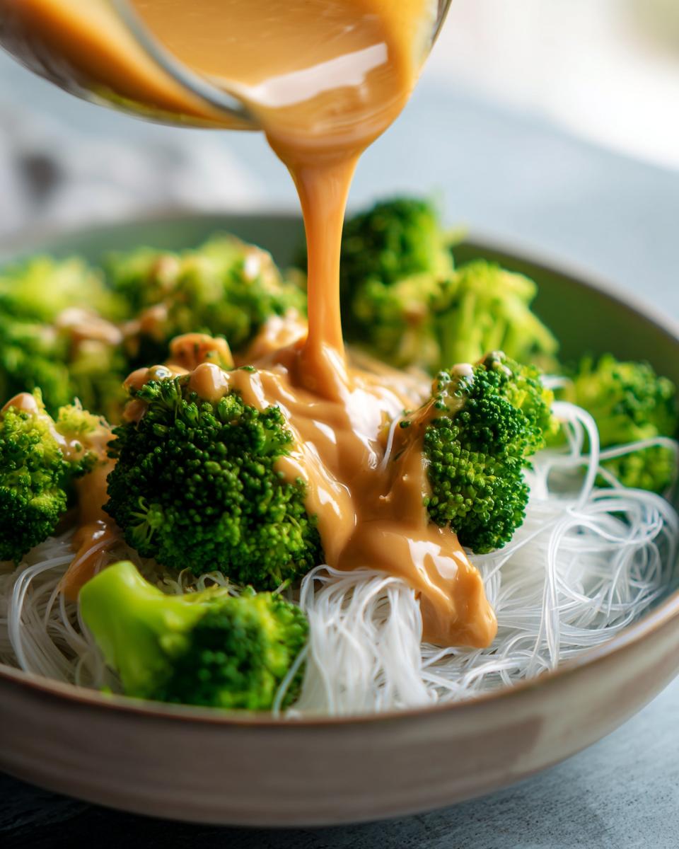 Close-up of creamy peanut sauce being poured from a glass container onto bright green broccoli florets served over white rice noodles.