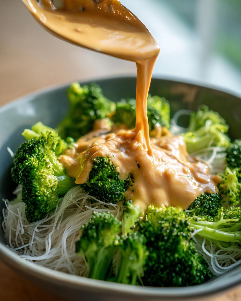 A spoonful of creamy peanut sauce is being poured over bright green broccoli florets and white rice noodles in a bowl.