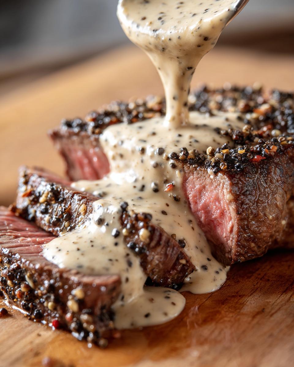A spoonful of creamy peppercorn sauce being poured over a perfectly cooked, pepper-crusted steak.