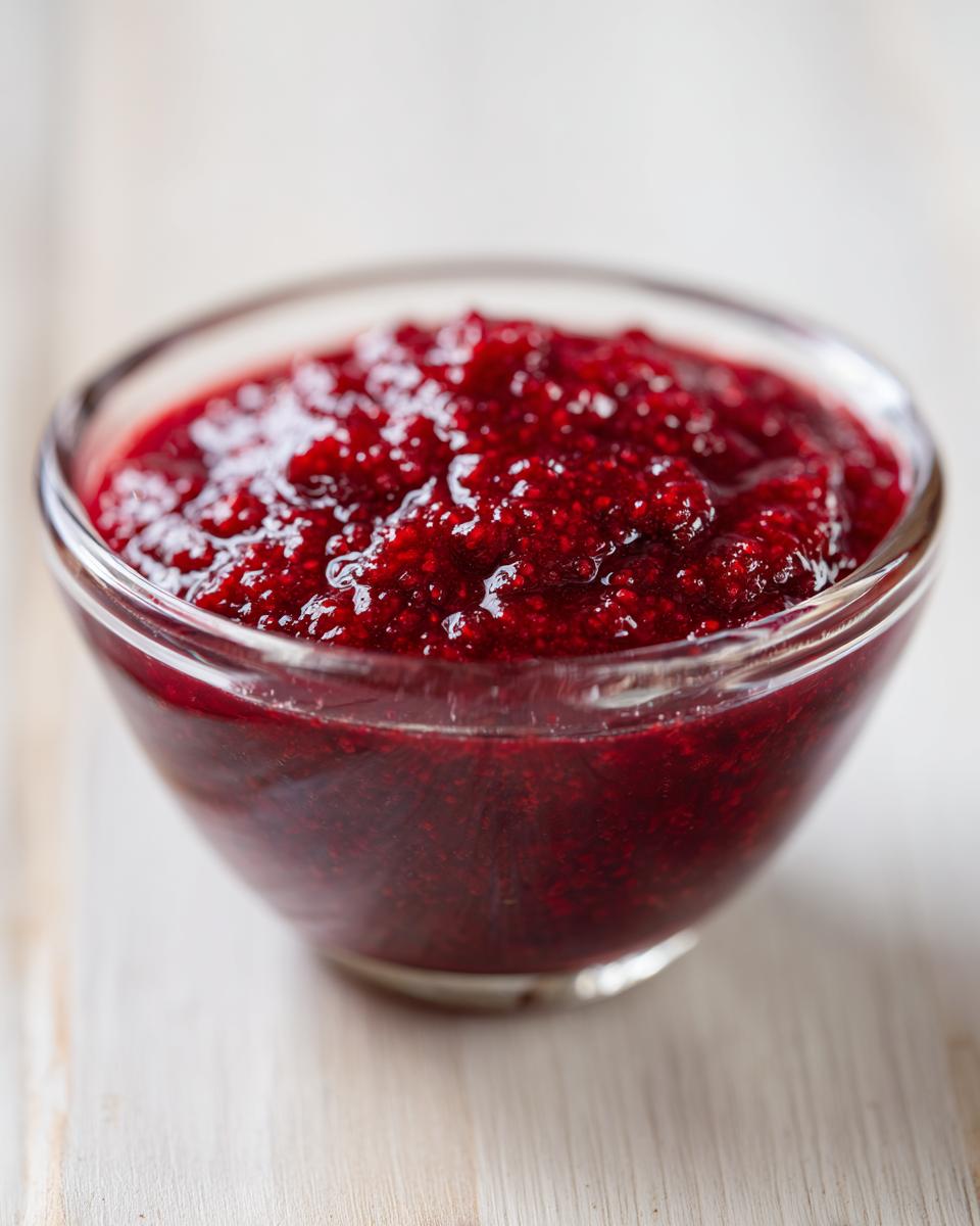 A close-up shot of vibrant, thick raspberry jam with visible seeds in a small clear glass bowl.