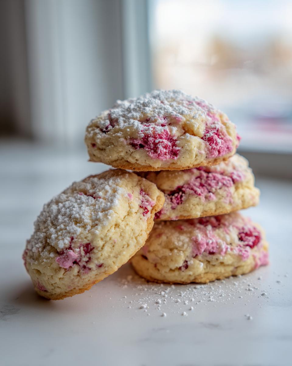 A stack of four soft raspberry cheesecake cookies dusted heavily with powdered sugar, set against a bright, blurred background.