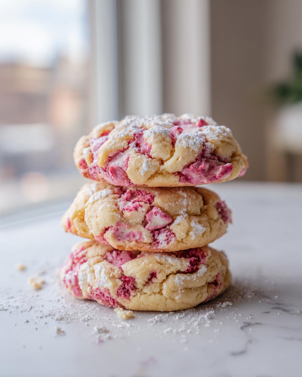 A stack of three soft, thick raspberry cheesecake cookies dusted heavily with powdered sugar on a white marble surface.