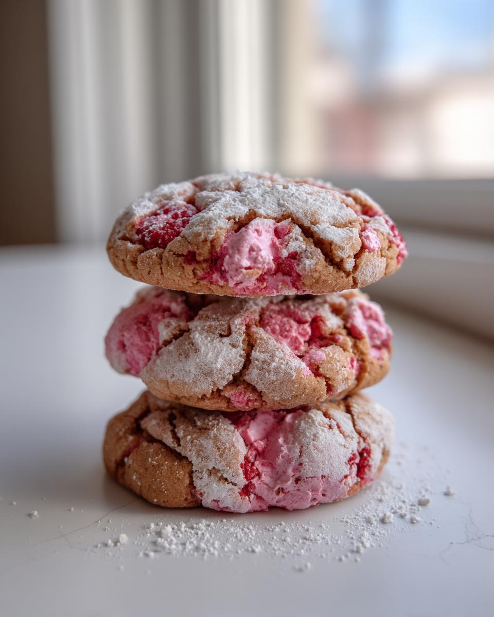 Three stacked, crinkled raspberry cheesecake cookies dusted heavily with powdered sugar.
