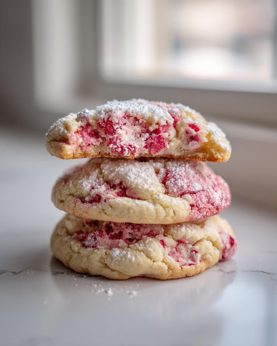 A stack of three soft raspberry cheesecake cookies dusted with powdered sugar, showing the pink raspberry filling inside.